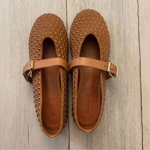 NWOT: SCHUTZ Eizas Brown Studded Flats with Bronze studs and buckle closure